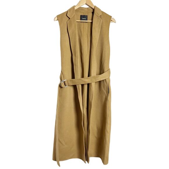 Theory Long Clairene Tan Wool Cashmere Sleeveless Belted Coat Size Petite - Picture 5 of 12